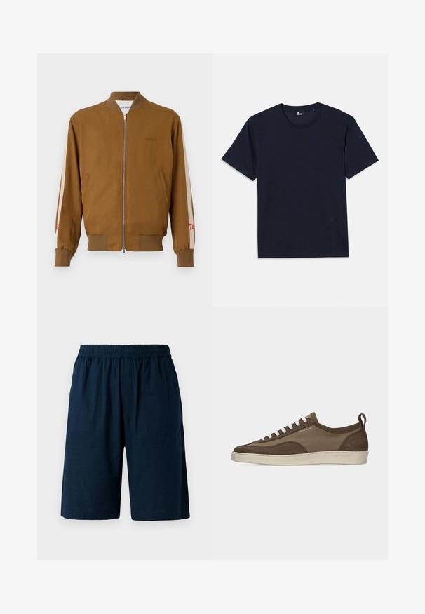 Chaqueta bomber marrón con dobladillo y puños acanalados, cierre de cremallera, bolsillos laterales y rayas en beige con detalles en rojo del número.; Camiseta de algodón azul marino con mangas cortas, cuello redondo y detalles de costura mínimos. Diseño simple sin patrones o acentos visibles.; Pantalones cortos azul marino de tejido ligero, con cintura elástica y un ajuste holgado, que cuentan con dos bolsillos laterales.; Zapatilla baja marrón con cordones blancos, suela beige, parte superior de tela y ante, lengüeta lateral y logo "Tiger of Sweden" en texto dorado.