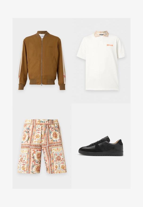 Chaqueta bomber marrón con dobladillo y puños acanalados, cierre de cremallera, bolsillos laterales y rayas en beige con detalles en rojo del número.; Polo blanco de manga corta con cuello beige estampado y logo naranja "just cavalli" en el pecho izquierdo.; Pantalones cortos hasta la rodilla con cintura elástica, que presentan coloridos y ornamentados patrones de sol y flores en paneles rectangulares sobre un fondo beige.; Tiger of Sweden BELLICU - Zapatillas - black