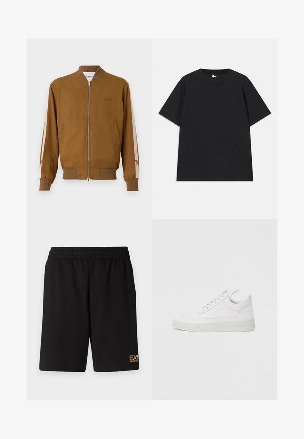 Braune Bomberjacke mit geribbeltem Saum und Bündchen, Reißverschluss, seitlichen Taschen und beigen Akzentstreifen mit roten Zahlen.; Schwarzes Kurzarm-T-Shirt aus Baumwolle mit rundem Halsausschnitt und einem kleinen Logo-Detail am Saum. Glatte Textur, reguläre Passform.; Schwarze Sportshorts aus weichem Material, mit einem elastischen Bund und einem kleinen gelben EA7-Logo am unteren linken Bein.; Weißer Ledersneaker mit abgerundetem Zehenbereich, flacher Sohle und Schnürverschluss. Verfügt über Nahtdetails und einen gepolsterten Kragen für zusätzlichen Komfort.