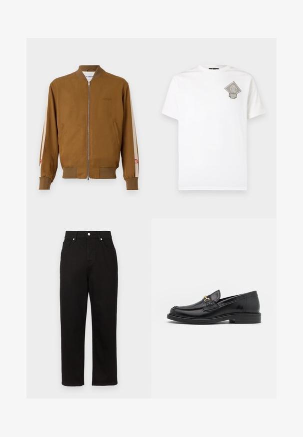 Chaqueta bomber marrón con dobladillo y puños acanalados, cierre de cremallera, bolsillos laterales y rayas en beige con detalles en rojo del número.; Camiseta blanca de algodón con un logo gris en forma de diamante en el pecho izquierdo. Mangas cortas, cuello redondo y corte estándar.; Pantalones de mezclilla negra con un diseño de pierna recta, que presentan una cintura alta, bolsillos frontales y herrajes plateados en la cintura.; Mocasines de cuero negro con punta redondeada, que cuentan con un detalle de herrajes dorados y costuras, situados sobre una suela de goma texturizada y baja.
