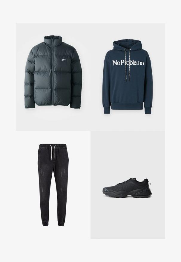 Zwarte pufferjas met gestikte delen, hoge kraag en een rits aan de voorkant. Heeft een klein wit Nike-logo op de borst.; Navyblauwe hoodie met de tekst "No Problemo" in het wit, voorzien van een trekkoord met zwart-witte patronen en geribbelde manchetten.; Zwarte denim joggers met een elastische tailleband en trekkoord, met een comfortabele pasvorm en versleten details op de stof.; Zwarte sportieve schoen van mesh en synthetische materialen, met een prominente logo, textuuraccenten en een dikke, gestructureerde zool.