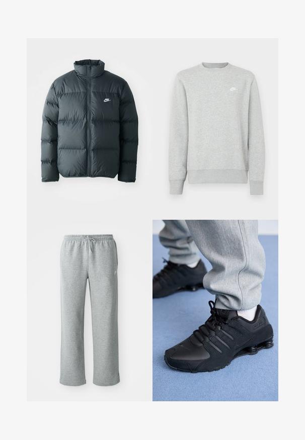 Čierna pérová bunda s prešívanými časťami, vysokým golierom a predným zipsom. Na hrudi sa nachádza malé biele logo Nike.; Sivá mikina z mäkkého fleecového materiálu, s rebrovanými manžetami a lemom, s malým bielym logom Nike na hrudi.; Šedé bavlnené tepláky s elastickým pásom, sťahovacou šnúrkou a rovnými nohavicami. Obsahuje malé logo v hornej ľavej časti.; Osoba v čiernych teniskách Nike Shox a šedých teplákoch stojí na svetlomodrom koberci.