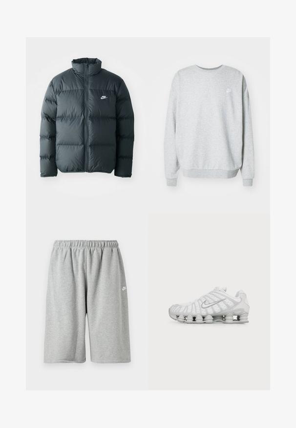 Schwarze Pufferjacke mit gesteppten Abschnitten, hohem Kragen und frontalem Reißverschluss. Verfügt über ein kleines weißes Nike-Logo auf der Brust.; Grauer Sweatshirt aus einem Baumwoll-Mischgewebe, mit Rundhalsausschnitt, überschnittenen Schultern und einem kleinen weißen Logo auf der Brust.; Graue Baumwollshorts mit elastischem Bund, locker geschnitten und einem kleinen weißen Logo nahe dem Saum. Glatte Textur, knielang.; Weißer Nike-Sneaker mit markantem wellenförmigem Design und federnder Dämpfung in der Sohle, von der Seite auf einfarbigem Hintergrund gesehen.