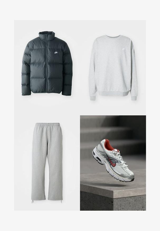 Chaqueta de plumas negra con secciones acolchadas, cuello alto y cremallera frontal. Presenta un pequeño logo blanco de Nike en el pecho.; Sudadera gris hecha de una mezcla de algodón, con un cuello redondo, hombros caídos y un pequeño logo blanco en el pecho.; Pantalones de chándal grises con una cintura elástica, piernas rectas y detalles de cordones en el dobladillo. Fabricados en una suave tela texturizada.; Zapatilla de running Nike blanca y plateada con detalles en rojo flotando sobre un saliente de hormigón, mostrando los detalles laterales y de la suela.