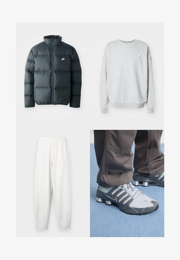Sort pufferjakke med quiltede sektioner, høj krave og lynlås foran. Har et lille hvidt Nike-logo på brystet.; Grå sweatshirt lavet af blandingsstof i bomuld, med rund halsudskæring, sænkede skuldre og et lille hvidt logo på brystet.; Lyse grå sweatsbukser lavet af blødt stof, med elastisk talje, tætsiddende ben og ankelmanchetter. Simpelt design uden mønstre.; Grå og sølv Nike Shox sneakers har et slankt design med mesh og syntetiske materialer, en rund tå og en polstret krave.