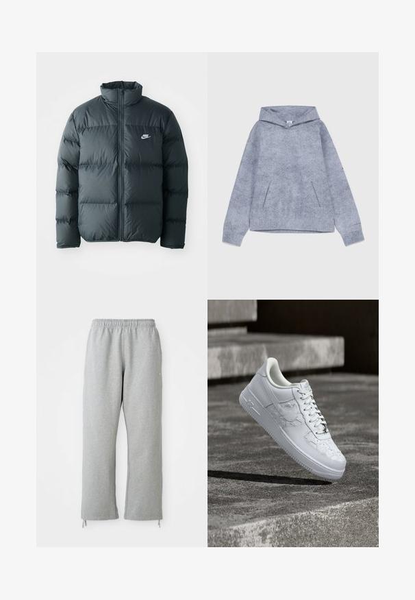 Schwarze Pufferjacke mit gesteppten Abschnitten, hohem Kragen und frontalem Reißverschluss. Verfügt über ein kleines weißes Nike-Logo auf der Brust.; Grauer Kapuzenpullover aus strukturiertem Stoff. Verfügt über eine große Fronttasche und Ärmel mit Bündchen. Minimalistisches Design ohne sichtbare Logos.; Graue Sweatpants mit einem elastischen Bund, geraden Beinen und Kordelzug-Akzenten am Saum. Hergestellt aus weichem, strukturierter Stoff.; Weißer Nike Air Force 1 Sneaker mit geprägten Sternmustern und einem metallischen Stern-Schnürsenkelanhänger, der über einer Betonoberfläche schwebt.