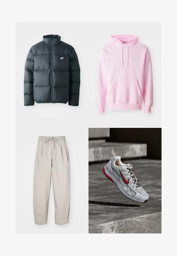 Čierna pérová bunda s prešívanými časťami, vysokým golierom a predným zipsom. Na hrudi sa nachádza malé biele logo Nike.; Ružová mikina z bavlnenej zmesi, s klokanním vreckom, šnúrkami a malým bielym logom Nike na hrudi.; Béžové, ľahké nohavice s elastickým pásom a šnúrkou na stiahnutie. Obsahujú plisovanie a voľný strih, vyrobené z mäkkej, hladkej tkaniny.; Bielo-sivá bežecká topánka Nike s červenými detailmi a čiernymi šnúrkami, visiaca nad sivými betónovými schodmi.