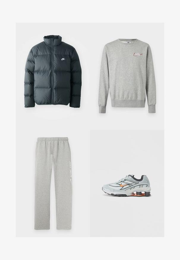 Sort pufferjakke med quiltede sektioner, høj krave og lynlås foran. Har et lille hvidt Nike-logo på brystet.; Lysegrå crewneck-sweatshirt med lange ærmer og lille rød og hvid Nike-logo på venstre bryst.; Grå joggingbukser lavet af blødt materiale med elastisk taljebånd. Har en hvid "JUST DO IT" tekst og Nike swoosh-logo på det ene ben.; Lyst grå løbesko med sorte detaljer, orange logo, mesh-overdel, polstret krave og gummisål med synlige stødabsorberende enheder.