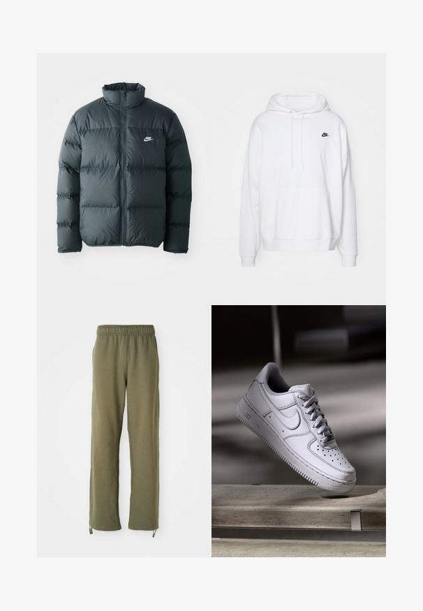 Schwarze Pufferjacke mit gesteppten Abschnitten, hohem Kragen und frontalem Reißverschluss. Verfügt über ein kleines weißes Nike-Logo auf der Brust.; Weißer Hoodie aus weichem Material, mit Kängurutasche, Zugbändern an der Kapuze und einem kleinen schwarzen Nike-Logo auf der Brust.; Olivgrüne Baumwoll-Sweatpants mit elastischem Bund, geraden Beinen und verstellbaren Kordeln an den Knöcheln. Weiche Textur, lässiges Design.; Weißer Nike Air Force 1 Sneaker aus Leder mit perforierter Zehenpartie, flachen Schnürsenkeln und strukturierter Gummisohle mit "AIR"-Branding an der Seite.