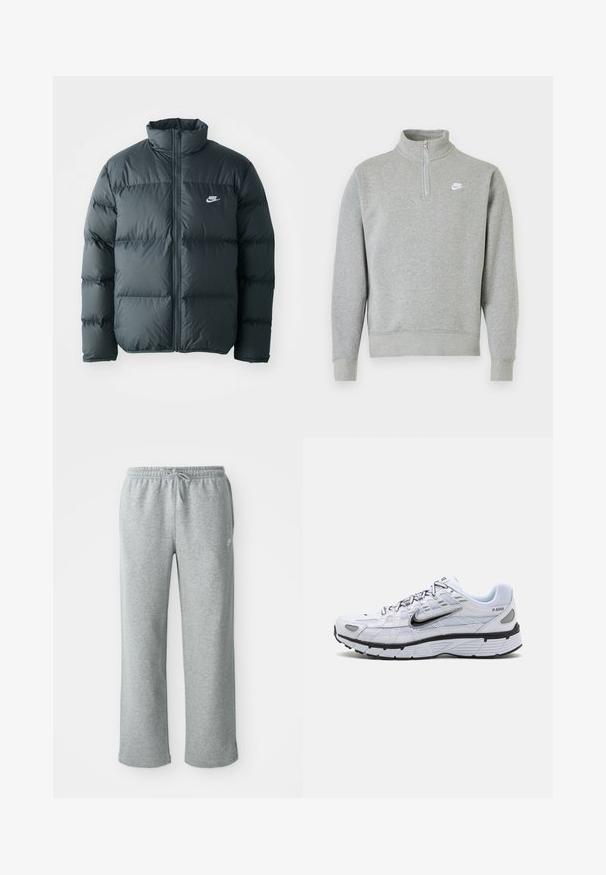 Schwarze Pufferjacke mit gesteppten Abschnitten, hohem Kragen und frontalem Reißverschluss. Verfügt über ein kleines weißes Nike-Logo auf der Brust.; Grauer Sweatshirt mit halbseitigem Reißverschluss-Kragen, langen Ärmeln, gerippten Bündchen und Saum. Mit einem kleinen weißen Nike-Logo auf der Brust.; Graue Sweatpants aus Baumwolle mit elastischem Bund, Kordelzugverschluss und geraden Beinen. Verfügt über ein kleines Logo auf der oberen linken Seite.; Weißer Laufschuh mit Obermaterial aus Mesh, abgerundetem Zeh, schwarzen Akzenten und gemusterter Sohle. Verfügt über Schnürung und Branding an der Seite.