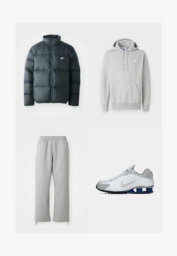 Čierna pérová bunda s prešívanými časťami, vysokým golierom a predným zipsom. Na hrudi sa nachádza malé biele logo Nike.; Svetlosivá mikina s kapucňou z mäkkej tkaniny, s klokanie vrecko, sťahovacou šnúrkou na kapucni a malým bielym logom na hrudi.; Sivé tepláky s elastickým pásom, rovným strihom a šnúrkami na leme. Vyrobené z mäkkej, textúrovanej látky.; Biele a šedé bežecké tenisky Nike so strieborným swooshom, modrými pružinovými podrážkami a čiernym dezénom na jednofarebnom pozadí.