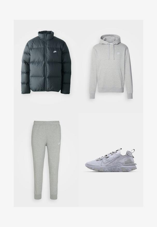Schwarze Pufferjacke mit gesteppten Abschnitten, hohem Kragen und frontalem Reißverschluss. Verfügt über ein kleines weißes Nike-Logo auf der Brust.; Grauer Fleece-Hoodie mit einer vorderen Kängurutasche, Kapuze mit Kordelzug und weißem Logo auf der Brust. Ausgestattet mit gerippten Bündchen und Saum.; Graue Sweatpants aus weichem Stoff, mit schmal zulaufendem Bein, elastischem Bund und kleinem weißen Nike-Logo am linken Oberschenkel.; Hellgrauer Turnschuh mit einem atmungsaktiven Mesh-Obermaterial, strukturiertem Gummisohle und reflektierenden Akzenten. Verfügt über einen gepolsterten Kragen und ein Schnürdesign.