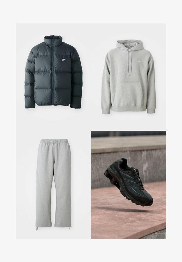 Schwarze Pufferjacke mit gesteppten Abschnitten, hohem Kragen und frontalem Reißverschluss. Verfügt über ein kleines weißes Nike-Logo auf der Brust.; Grauer Hoodie aus weichem Material mit einer Kängurutasche, Kordelzugkapuze und kleinem weißen Logo auf der Brust. Bequemer, lässiger Schnitt.; Graue Sweatpants mit einem elastischen Bund, geraden Beinen und Kordelzug-Akzenten am Saum. Hergestellt aus weichem, strukturierter Stoff.; Schwarzer athletischer Sneaker mit sichtbarer Air-Cushioning-Zwischensohle, der über einer rosa Steinoberfläche mit grauer Steinmauer im Hintergrund schwebt.