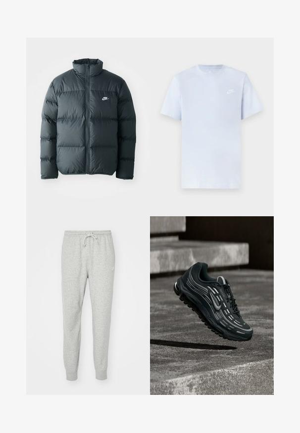 Must must jacket, millede õmblustega, kõrge krae ja esine lukuga. Rinnal on väike valge Nike logo.; Hele sinine puuvillane t-särk lühikeste varrukatega, ümar kaelus ja valge Nike logo trükituna vasakul rinnal. Sile tekstuur, lihtne disain.; Hallid hallid dressipüksid, mis on valmistatud pehmest materjalist, millel on elastne vöökoht, paelakk ja ribakäised. Küljel on väike logo.; Must ja hall Nike Air Max toss hõljumas hallide betoonastmete kohal, mille taustal on tekstuuriga pinnas.