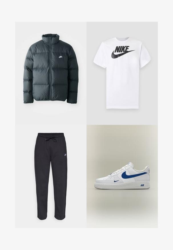 Sort pufferjakke med quiltede sektioner, høj krave og lynlås foran. Har et lille hvidt Nike-logo på brystet.; Hvid T-shirt med korte ærmer med sort Nike-logo og swoosh centreret på brystet mod en ensfarvet grå baggrund.; Sorte sweatpants lavet af blødt stof med elastisk talje, snøre og et lille Nike-logo på venstre lår.; Hvid Nike Air Force 1 sneaker med blå swoosh-logoer og "AIR" tekst på sålen, vist fra siden på en neutral baggrund.