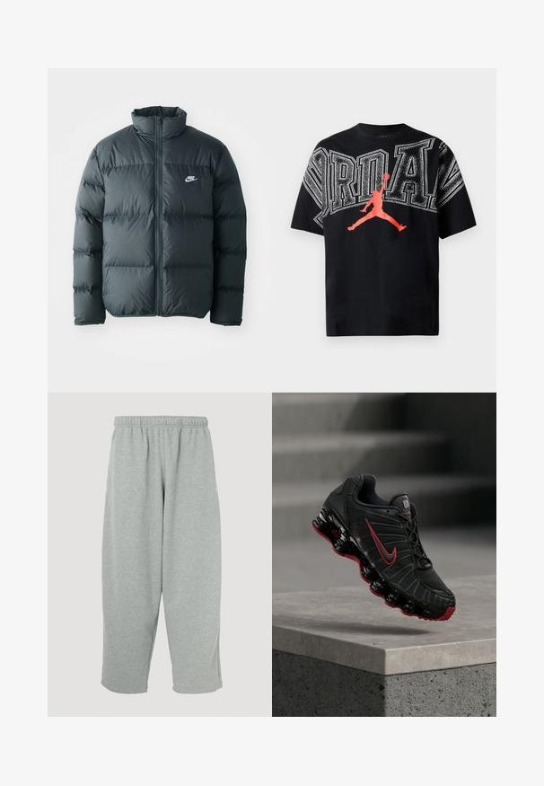 Must must jacket, millede õmblustega, kõrge krae ja esine lukuga. Rinnal on väike valge Nike logo.; Mustmust musterniga T-särk, millel on uhke valge "JORDAN" tekst ja punane siluett korvpallimängijast hüppeasendis. Ümmargune kaelus, lühikesed varrukad.; Heleroosad dressipüksid, millel on elastne vöökoht, kitseneva lõikega sääred ja pehme tekstuur. Puuduvad nähtavad brändimärgid või mustrid.; Must ja punane Nike spordijalats nähtava vedeliku sarnase tallaga, mis tasakaalustab betoonist astme serval.