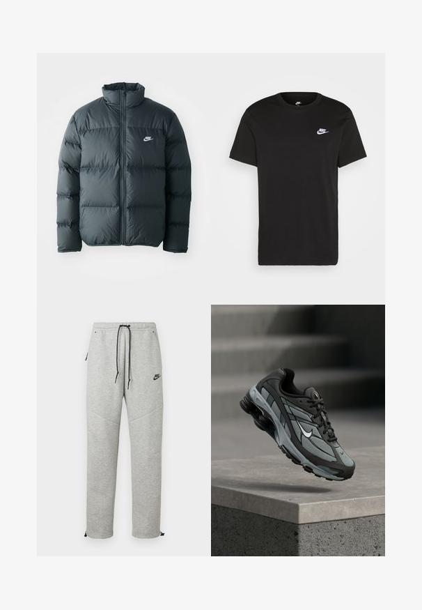 Čierna pérová bunda s prešívanými časťami, vysokým golierom a predným zipsom. Na hrudi sa nachádza malé biele logo Nike.; Čierne bavlnené tričko s krátkymi rukávmi, okrúhlym výstrihom a malým bielym logom Nike na hornej ľavej strane hrudníka. Hladká textura. Klasický strih.; Šedé Nike tepláky so sťahovacím pásom, bočnými vreckami a elastickými manžetami. Majú hladkú textúru a kontrastný čierny logotyp.; Šedá a čierna športová teniska s panelmi z sieťoviny a hrubou podrážkou, umiestnená vo vzduchu nad betónovým obrubníkom a schodmi v pozadí.