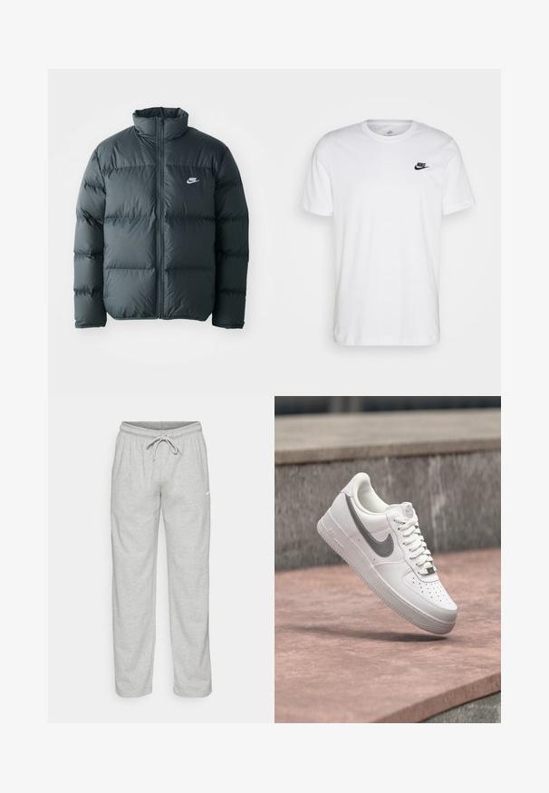 Čierna pérová bunda s prešívanými časťami, vysokým golierom a predným zipsom. Na hrudi sa nachádza malé biele logo Nike.; Biela bavlnená tričko s okrúhlym výstrihom, krátkymi rukávmi a čiernym logom Nike na ľavej hrudi. Jednoduchý, jednofarebný dizajn.; Svetlošedé teplákové nohavice vyrobené z jemného materiálu. Obsahujú elastický pás na šnurovanie a čierne logo Nike na ľavom stehne.; Biela teniska Nike Air Force 1 so sivým logom swoosh, ktorá visí nad kamenným povrchom a sivou kamennou stenou v pozadí.