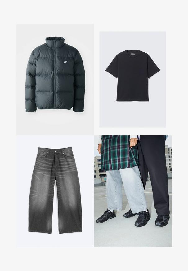 Sort pufferjakke med quiltede sektioner, høj krave og lynlås foran. Har et lille hvidt Nike-logo på brystet.; Sort bomulds T-shirt med klassisk rund hals, korte ærmer og en afslappet pasform. Glat tekstur med minimal syning.; Bredbenede, falmede sorte cowboybukser med forlommer og knaplukning, vist fladt på en lys baggrund.; Sorte atletik sko med mesh- og gummidetaljer. Båret med lysegrå vide jeans og en ternet grøn bluse. Flad overflade i baggrunden.