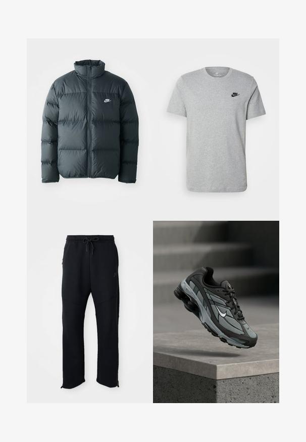 Sort pufferjakke med quiltede sektioner, høj krave og lynlås foran. Har et lille hvidt Nike-logo på brystet.; Grå kortærmet T-shirt i bomuld med et sort Nike-logo på brystet og rund halsudskæring. Minimalistisk design uden mønstre.; Sorte træningsbukser med elastisk linning og snoretræk, har sidelommer, smalle ben og lynlåse ved anklerne. Glat tekstur.; Grå og sort atletiksko med meshpaneler og tyk sål, placeret i luften over en betonliste med trapper i baggrunden.