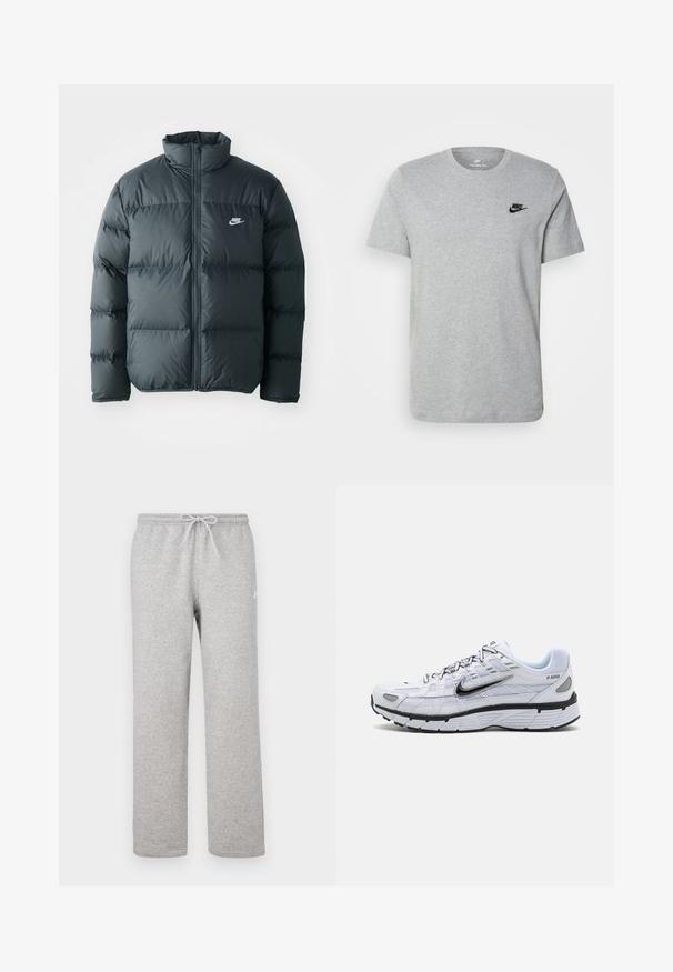 Sort pufferjakke med quiltede sektioner, høj krave og lynlås foran. Har et lille hvidt Nike-logo på brystet.; Grå kortærmet T-shirt i bomuld med et sort Nike-logo på brystet og rund halsudskæring. Minimalistisk design uden mønstre.; Grå joggingbukser med elastisk talje og snor. Fremstillet af blødt stof, de har lige ben og diskret logodetalje.; Hvide løbesko med mesh-overdel, rund tå, sorte accenter og mønstret sål. Har snøring og branding på siden.