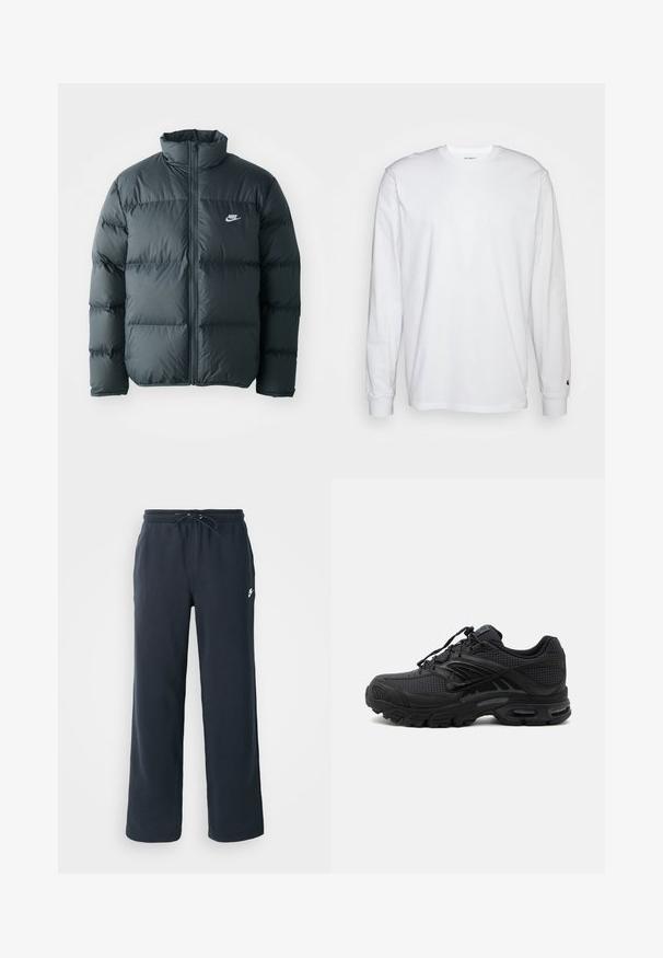Schwarze Pufferjacke mit gesteppten Abschnitten, hohem Kragen und frontalem Reißverschluss. Verfügt über ein kleines weißes Nike-Logo auf der Brust.; Weißes Langarm-T-Shirt aus Baumwolle. Rundhals-Design mit gerippten Bündchen und kleinem Logo auf dem linken Ärmel. Glatte Textur.; Dunkelblaue Sweatpants mit einem elastischen Bund und Kordelzug. Hergestellt aus weichem Stoff, mit einem kleinen weißen Logo auf der linken Hüfte.; Schwarzer athletischer Sneaker mit strukturiertem Stoff, dicker gepolsterter Sohle, Luftauslässen und Schnürverschluss, von der Seite auf hellem Hintergrund gezeigt.