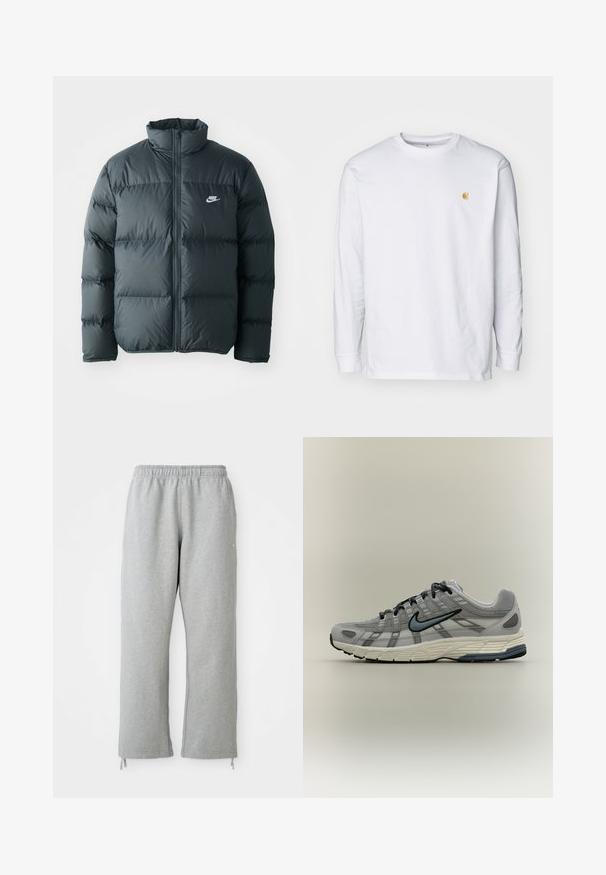 Schwarze Pufferjacke mit gesteppten Abschnitten, hohem Kragen und frontalem Reißverschluss. Verfügt über ein kleines weißes Nike-Logo auf der Brust.; Weißes Langarm-T-Shirt aus Baumwolle. Mit kleinem goldenem Logo auf der Brust und Rundhalsausschnitt. Einfaches Design und normale Passform.; Graue Sweatpants mit einem elastischen Bund, geraden Beinen und Kordelzug-Akzenten am Saum. Hergestellt aus weichem, strukturierter Stoff.; Grauer und weißer Nike-Laufschuh mit schwarzen Schnürsenkeln und blauem Swoosh-Logo auf neutralem Hintergrund, Seitenansicht.