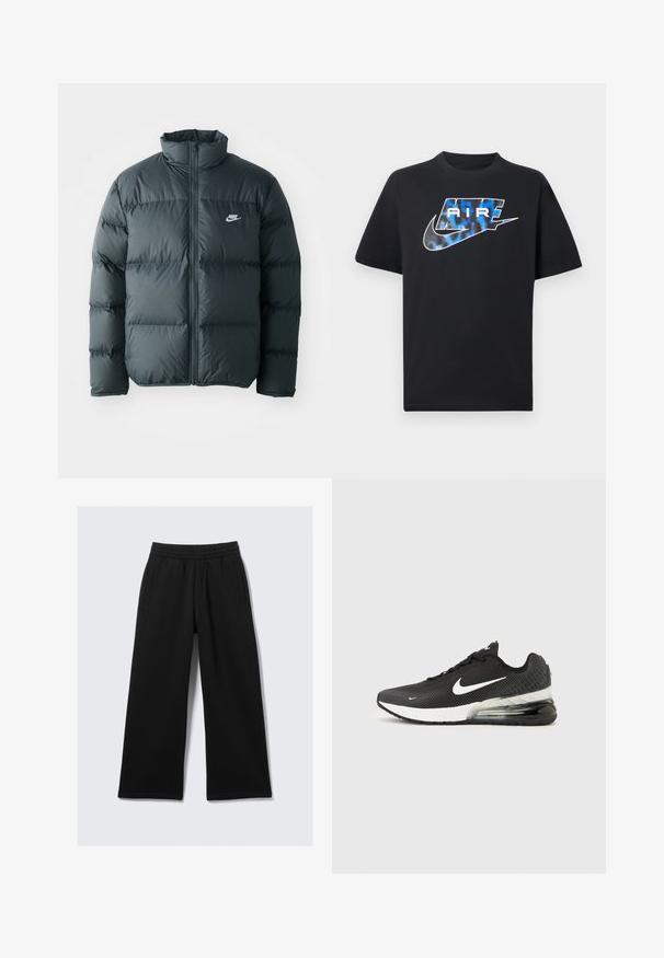 Zwarte pufferjas met gestikte delen, hoge kraag en een rits aan de voorkant. Heeft een klein wit Nike-logo op de borst.; Zwart kortermig T-shirt met een blauw-witte gestileerde tekst "AIR" en het Nike swoosh-logo op de borst.; Zwarte wijde broek met elastische tailleband, twee zijzakken en een gladde textuur. Ontworpen voor comfort en bewegingsvrijheid.; Zwarte Nike Air Max 270 sneaker met wit swoosh-logo, witte tussenzool en zichtbare luchtkussen in de hiel op een effen achtergrond.