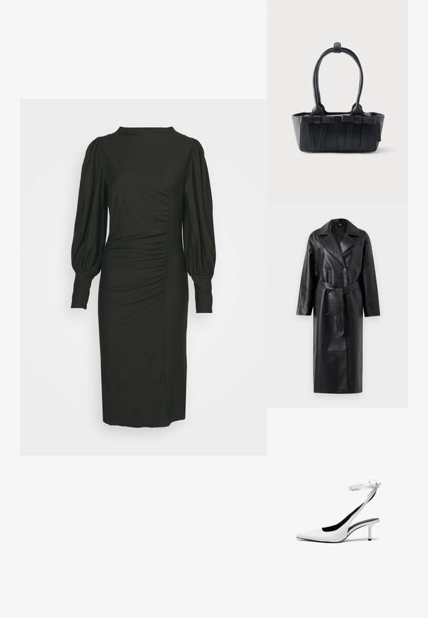 Schwarzer Leder-Trenchcoat mit einer doppelreihigen Vorderseite, großen Revers, weiten Ärmeln und einem abnehmbaren Gürtel in der Taille. Glatte Textur.; Schwarzes Kleid mit taillierter Silhouette, langen Puffärmeln und gerafftem Detail an der Seite. Hergestellt aus dehnbarem Stoff für eine glatte Textur.; Weiße Slingback-Absätze mit spitzer Zehenpartie und dünnem Knöchelriemen. Glattes Leder, dünner Stiletto-Absatz und schwarze Innenauskleidung.; Schwarze Lederhandtasche mit zwei Griffen, dekorativen Riemen und rechteckigem Boden vor hellem, einfarbigem Hintergrund.