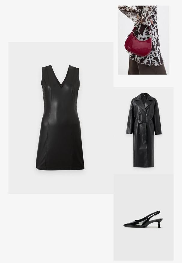 Zwarte leren trenchcoat met een dubbelzijdige voorkant, grote revers, brede mouwen en een verwijderbare riem in de taille. Soepele textuur.; Zwarte mouwloze faux leren jurk met V-hals en aansluitende naden, knie-lang, tegen een effen lichte achtergrond.; Zwarte lakleren slingback schoenen met een spitse neus en een lage blokhak. Verstelbare gespband bij de enkel.; Vrouw met een zwart-wit gebloemde blouse houdt een glanzende rode schoudertas vast tegen een effen achtergrond.