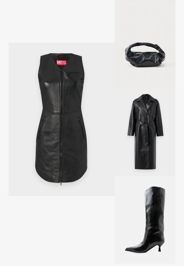 Sort læder trench coat med dobbeltknap-forside, store opklappede kraver, brede ærmer og et aftageligt bælte i taljen. Glat tekstur.; Sort læderkjole uden ærmer med lynlås-lukning, to sidelommer og en lynlåslomme på brystet. Bemærkelsesværdigt Diesel-logo i rødt på kraven.; Sort skinnende knæhøj læderstøvle med spids tå og lav buet hæl på en ensfarvet lys baggrund.; Sort taske lavet af blankt, tekstureret materiale med et cirkulært, snoet håndtag og lynlås. Har et blødt, rynket design.
