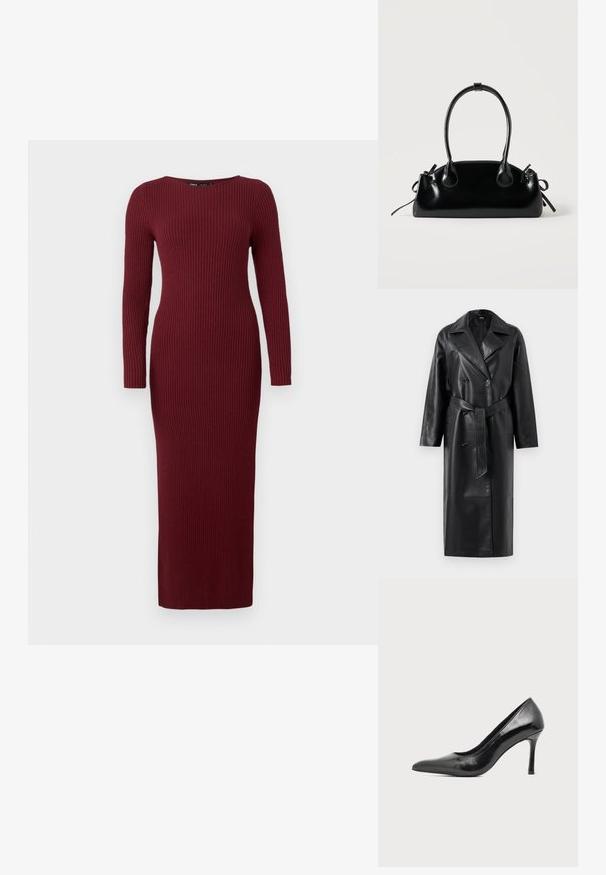 Zwarte leren trenchcoat met een dubbelzijdige voorkant, grote revers, brede mouwen en een verwijderbare riem in de taille. Soepele textuur.; Bordeaux ribbelgebreide maxi-jurk met lange mouwen en een bootnek, met een aansluitende pasvorm en subtiele textuur overal.; Zwarte lakleren damesschoen met hoge hak, puntige neus en smalle hak op een effen lichte achtergrond.; Kleine zwarte glanzende handtas met twee lange hengsels en zijkant trekkoord details op een effen lichte achtergrond.
