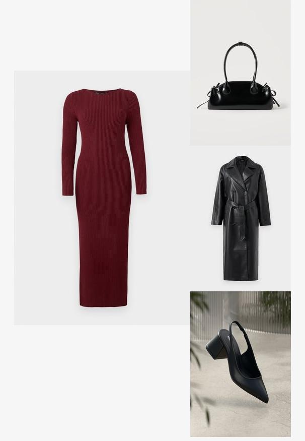 Sort læder trench coat med dobbeltknap-forside, store opklappede kraver, brede ærmer og et aftageligt bælte i taljen. Glat tekstur.; Bordeaux ribbet strikket maxikjole med lange ærmer og bådudskæring, der har en tætsiddende silhuet og subtil tekstur over det hele.; Sort læder slingback hæl med spids tå og blokhæl. Glat tekstur, minimalistisk design og justerbar ankelrem.; Lille sort blank håndtaske med to lange håndtag og snøre-detaljer i siden på en ensfarvet lys baggrund.
