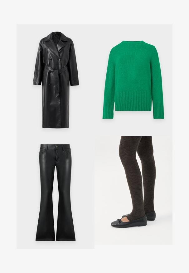Zwarte leren trenchcoat met een dubbelzijdige voorkant, grote revers, brede mouwen en een verwijderbare riem in de taille. Soepele textuur.; Groene gebreide trui met lange mouwen, een ronde halslijn en een geribbelde zoom, welke een zachte textuur en gelijkmatige stitching vertoont.; Zwarte uitlopende broek gemaakt van een gladde, glanzende stof. Voorzien van een ontwerp met vijf zakken, een knoopsluiting aan de voorkant en subtiele contrasterende stiksels.; Benen met donkere geribbelde leggings gecombineerd met zwarte ballerina's met kleine strikdetails op een witte achtergrond.