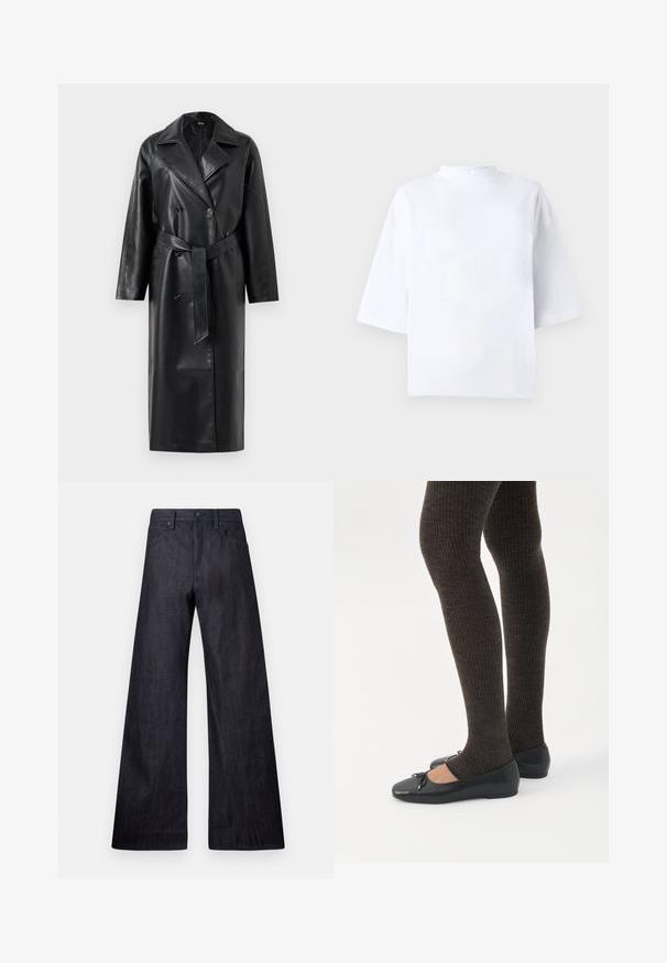 Sort læder trench coat med dobbeltknap-forside, store opklappede kraver, brede ærmer og et aftageligt bælte i taljen. Glat tekstur.; Hvid bomulds t-shirt med korte ærmer, høj, rund hals og løs pasform. Glat tekstur uden synlige mønstre eller detaljer.; Bredde ben mørke denim jeans med en glat tekstur, traditionelt fem-lomme design og en subtil glans med en knaplukning.; Ben iført mørke ribbede leggings kombineret med sorte balletsko med små sløjfedetaljer på hvid baggrund.