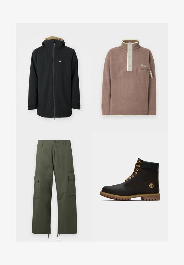 Sort vandtæt jakke med en hætte foret med pels, foran lynlås og logo-plade. Har lange ærmer og justerbare manchetter. Tekstureret stof.; Brun fleecepullover med knappelukning, lynlåslomme på brystet og lysegul kant ved krave og kant.; Olivengrønne cargobukser med sidelommer med klap, knaplukning, bæltestropper og justerbare snore i de brede bukseben.; Sorte læder ankelstøvle med gyldne øjer, brune detaljer og gummisål. Har en polstret krave og præget logo på siden.