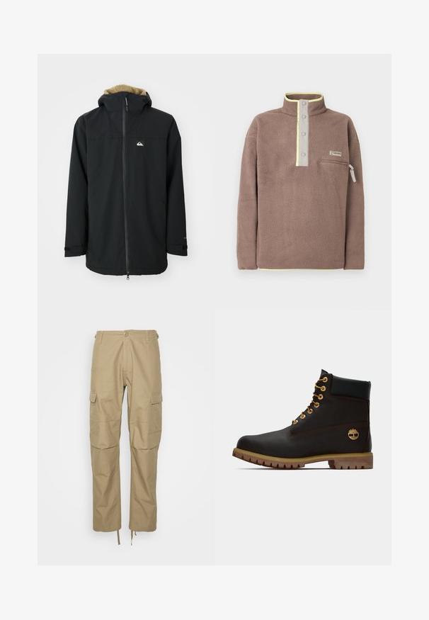 Veste imperméable noire avec une capuche doublée en fourrure, fermeture éclair à l'avant et patch logo. Comprend des manches longues et des poignets ajustables. Tissu texturé.; Pull polaire marron avec patte de boutonnage à pressions, poche poitrine zippée, et bordure jaune clair au col et à l'ourlet.; Pantalons cargo kaki en tissu léger, dotés de plusieurs poches latérales, d'une coupe décontractée et de poignets à cordon de serrage réglables à l'ourlet.; Bottine noire en cuir avec œillets dorés, accents marron et semelle en caoutchouc. Comprend un col rembourré et un logo estampé sur le côté.