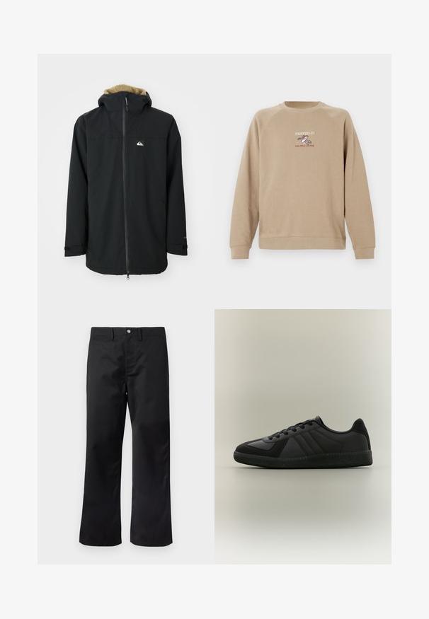 Veste imperméable noire avec une capuche doublée en fourrure, fermeture éclair à l'avant et patch logo. Comprend des manches longues et des poignets ajustables. Tissu texturé.; Sweat-shirt beige avec col rond, manches raglan longues et détail logo brodé avec un motif et du texte sur le devant. Texture douce.; Pantalon noir avec une coupe droite, confectionné dans un tissu lisse. Il comprend des poches latérales et une fermeture par bouton à la taille.; Baskets basses noires à profil bas avec semelle texturée, devant à lacets et détails subtils de panneaux, vue de côté sur fond uni.