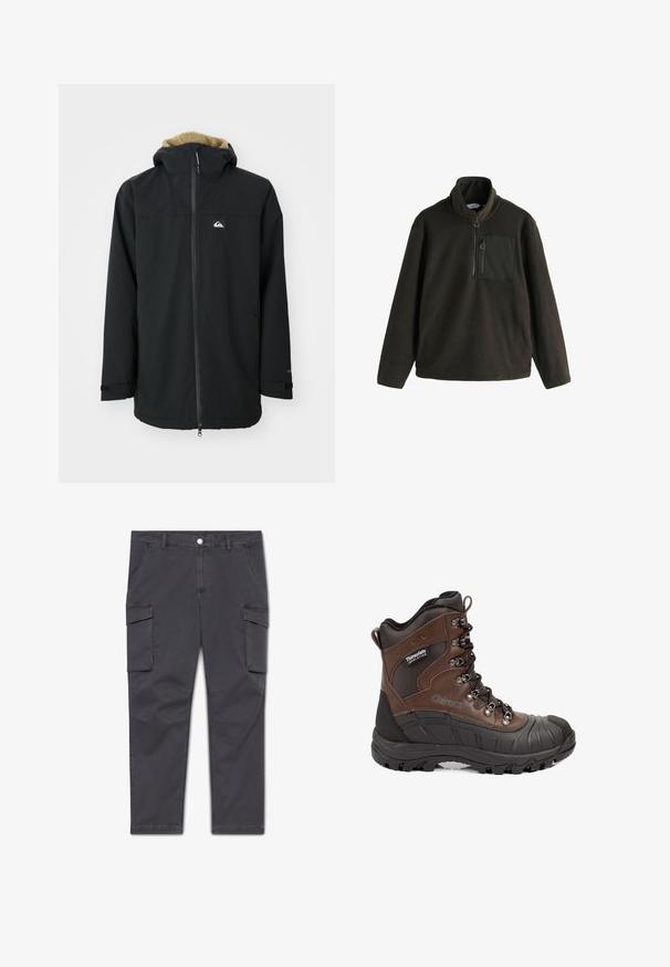 Zwarte waterdichte jas met een voering van bont in de capuchon, een ritssluiting aan de voorkant en een logo patch. Voorzien van lange mouwen en verstelbare manchetten. Getextureerde stof.; Fleece pullover in donker olijfgroen met een hoge kraag, ritssluiting aan de voorkant en een borstzak met rits. Zachte textuur, relaxte pasvorm.; Houtskoolgrijze cargobroek met twee klepzakken aan de voorkant, zijzakken, een knoopsluiting, riemlussen en versterkte kniestiksels.; Bruine en zwarte geïsoleerde wandelschoen met dikke zool, metalen oogjes en Thinsulate-label aan de zijkant.