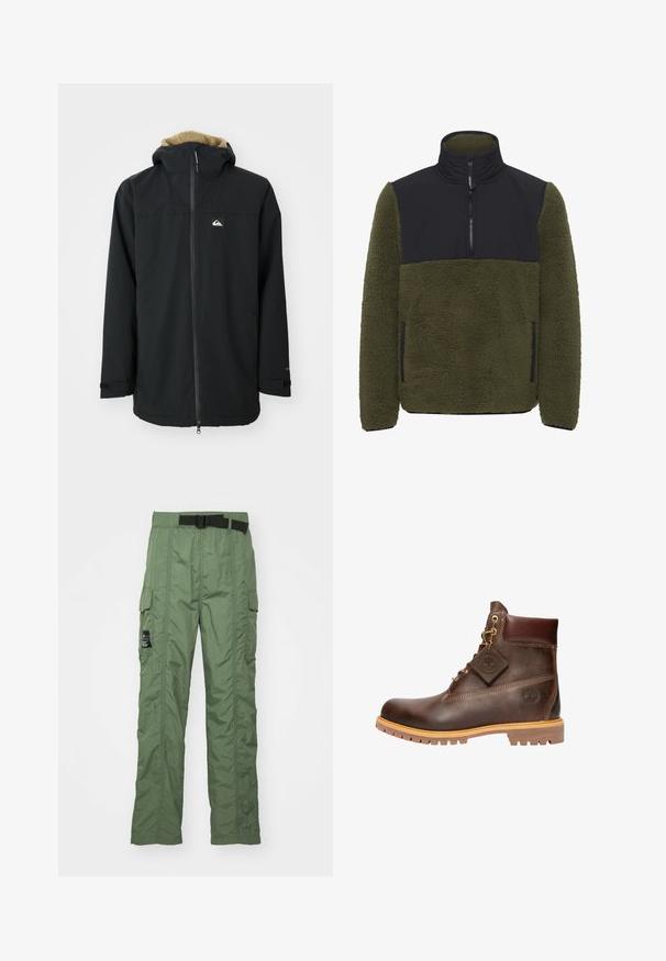 Veste imperméable noire avec une capuche doublée en fourrure, fermeture éclair à l'avant et patch logo. Comprend des manches longues et des poignets ajustables. Tissu texturé.; Pull-over en polaire vert olive avec un panneau en nylon noir sur la poitrine. Il comprend un col montant, une fermeture éclair mi-haute et des poches latérales.; Pantalons cargo en vert olive, fabriqués en tissu léger. Présentent une ceinture noire, des poches cargo sur les côtés et des détails de couture.; Bottine en cuir marron avec un bout rond, une semelle robuste, des éléments en doré et un dessus texturé. Comprend une étiquette de logo attachée.