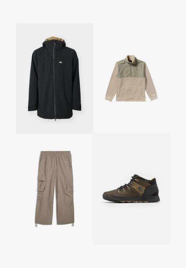 Veste imperméable noire avec une capuche doublée en fourrure, fermeture éclair à l'avant et patch logo. Comprend des manches longues et des poignets ajustables. Tissu texturé.; Pull en polaire beige et vert olive, avec un design à demi-zip, un col haut et deux poches latérales. Texture lisse sur le panneau supérieur.; Pantalon cargo marron clair avec taille élastique, poches latérales à rabat, cordons aux poignets et petit logo Puma sur la cuisse droite.; Chaussures de randonnée mi-hauteur marron et noires en matériaux synthétiques et en mesh, présentant une surface texturée, des lacets ronds et un logo sur le talon.
