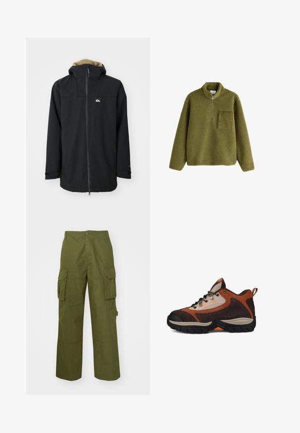 Veste imperméable noire avec une capuche doublée en fourrure, fermeture éclair à l'avant et patch logo. Comprend des manches longues et des poignets ajustables. Tissu texturé.; Pull polaire vert olive à manches longues, demi-fermeture éclair devant, col montant, et poche poitrine carrée texturée sur le côté gauche.; Pantalons cargo vert olive en tissu résistant, avec deux poches latérales, une coupe décontractée et une fermeture à boutons à la taille.; Chaussure de randonnée marron et beige avec semelle noire, œillets en métal, languette au talon et marquage "DC SHOE CO USA" sur le côté.