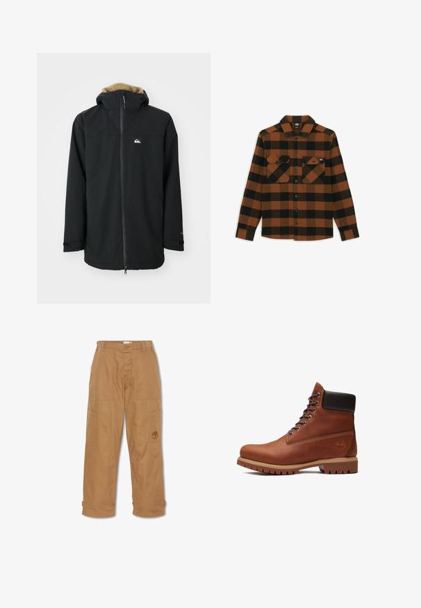 Veste imperméable noire avec une capuche doublée en fourrure, fermeture éclair à l'avant et patch logo. Comprend des manches longues et des poignets ajustables. Tissu texturé.; Chemise à manches longues en motif écossais orange et noir, fabriquée dans un tissu texturé. Comprend deux poches poitrine et une fermeture à boutons.; Pantalons de travail khaki, fabriqués en tissu durable, dotés de plusieurs poches, d'une fermeture à bouton et d'un logo brodé sur la cuisse.; Botte à lacets en cuir marron avec col rembourré noir, semelle épaisse couleur tan, et logo d'arbre embossé sur le côté du talon.