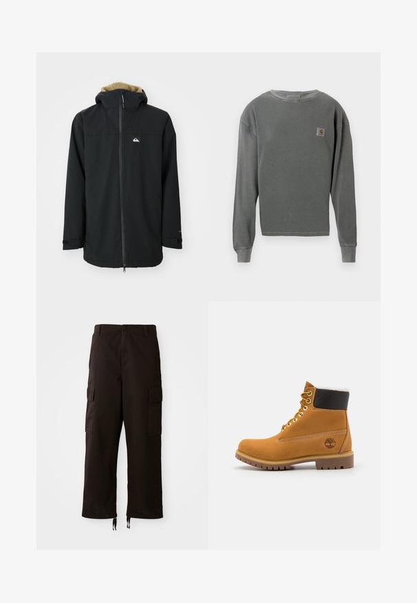 Zwarte waterdichte jas met een voering van bont in de capuchon, een ritssluiting aan de voorkant en een logo patch. Voorzien van lange mouwen en verstelbare manchetten. Getextureerde stof.; Grijze langekatoenen sweatshirt met crewneck en ribbeltextuur, voorzien van een klein vierkant logopatch op de linkerborst en ribgebreide manchetten.; Zwarte cargobroek met een relaxte pasvorm, voorzien van twee zijzakken, een knoopsluiting en verstelbare trekkoorden aan de onderkant.; Bruine leren enkellaars met metalen oogjes, witte faux bont voering, zwarte gewatteerde kraag, robuuste zool en een reliëflogo aan de zijkant.
