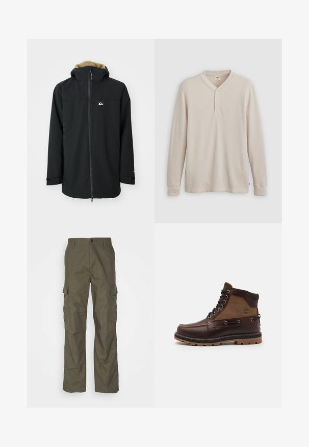 Zwarte waterdichte jas met een voering van bont in de capuchon, een ritssluiting aan de voorkant en een logo patch. Voorzien van lange mouwen en verstelbare manchetten. Getextureerde stof.; Lange mouwen henley-shirt in lichtbeige ribbelstof, met een V-hals, een drieknoopsluiting en manchetten. Rode logo-label aan de onderkant.; Olijfgroene cargobroek met rechte snit, gemaakt van gestructureerde stof. Bevat grote zijzakken en een knoopsluiting.; Bruine leren boot met een tan stoffen paneel, ronde neus, metalen oogjes, zwarte rubberen zool en stiksels. Kenmerken een verhoogd logo aan de zijkant.