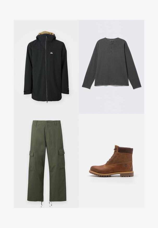 Veste imperméable noire avec une capuche doublée en fourrure, fermeture éclair à l'avant et patch logo. Comprend des manches longues et des poignets ajustables. Tissu texturé.; Chemise henley à manches longues gris foncé avec un col rond et trois boutons sur la patte de boutonnage avant.; Pantalon cargo vert olive avec poches latérales à rabat, fermeture par boutons, passants de ceinture et cordons ajustables aux larges ourlets des jambes.; Botte de randonnée en cuir marron avec une finition lisse, cheville rembourrée, œillets en métal et semelle en caoutchouc dotée d'un motif de crampons robuste.