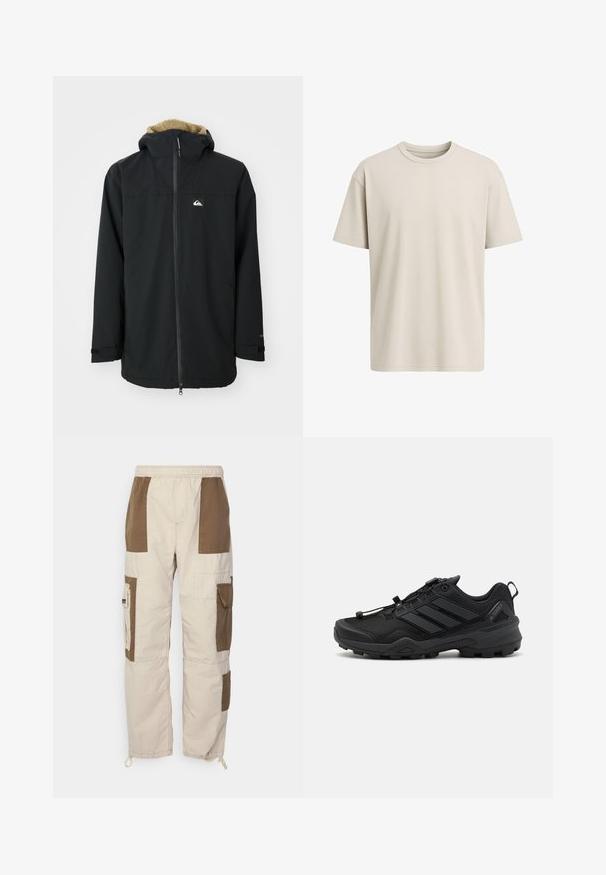 Veste imperméable noire avec une capuche doublée en fourrure, fermeture éclair à l'avant et patch logo. Comprend des manches longues et des poignets ajustables. Tissu texturé.; T-shirt beige clair à manches courtes et col rond, au design décontracté, présenté sur un fond blanc.; Pantalons cargo beiges avec des accents de patchs marron, taille élastique, poches latérales et liens réglables aux chevilles. Fabriqués dans un tissu léger.; Chaussure de sport noire avec une tige en maille texturée, des accents synthétiques contrastants et une semelle en caoutchouc robuste. Comprend un système de laçage sécurisé et un onglet à l'arrière.