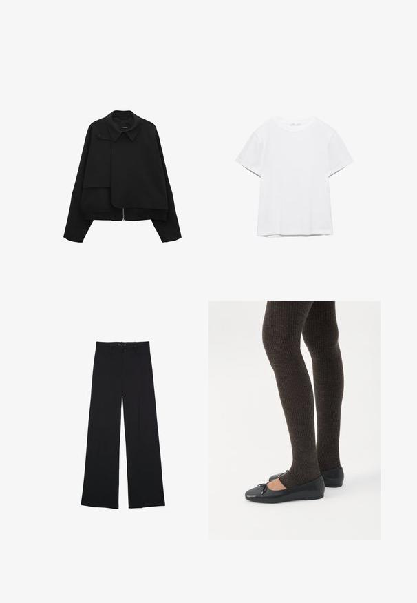 Schwarze Jacke mit strukturiertem Kragen, Reißverschluss vorne und asymmetrischem Design. Verfügt über einen Knopfakzent und eine mehrlagige Stofftextur.; Unifarbenes weißes T-Shirt mit kurzen Ärmeln und Rundhalsausschnitt, gerader Saum, dargestellt auf weißem Hintergrund.; Schwarze, weit geschnittene Hose mit Knopf- und Reißverschluss, Gürtelschlaufen und glattem, maßgeschneidertem Finish.; Beine in dunklen, gerippten Leggings kombiniert mit schwarzen Ballerinas mit kleinen Schleifendetails auf weißem Hintergrund.