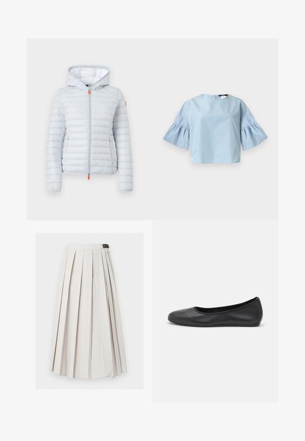 Veste matelassée gris clair à capuche avec fermeture éclair frontale et deux poches latérales, équipée de petites tirettes de fermeture éclair orange.; Blouse bleu clair à manches courtes avec manches larges et volantées et un col rond, présentée sur un fond blanc uni.; Longue jupe blanche plissée avec une fermeture latérale à boucle, présentée à plat sur un fond blanc.; Ballerines en cuir noir avec un bout rond, texture lisse, détails de couture minimalistes et design de semelle flexible.
