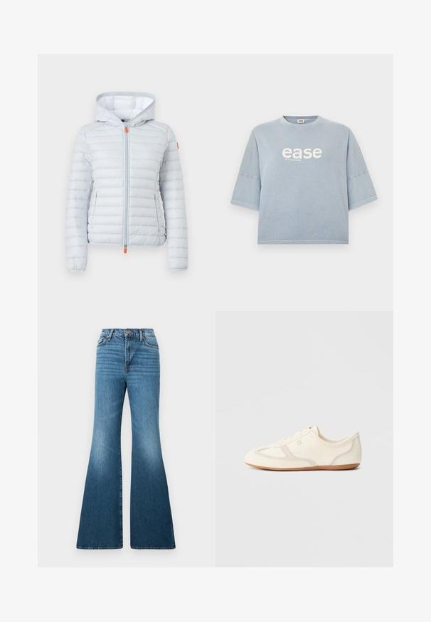Veste matelassée gris clair à capuche avec fermeture éclair frontale et deux poches latérales, équipée de petites tirettes de fermeture éclair orange.; T-shirt en coton bleu clair avec manches courtes et larges et encolure ronde. Présente le texte « ease » en blanc avec une texture subtile.; Jean évasé bleu en denim, avec une taille haute, un léger délavage et des détails de coutures sur les poches et les coutures.; Baskets couleur crème avec une tige en daim et tissu, un bout arrondi, et une semelle en caoutchouc avec un détail accent beige. Fermeture à lacets.